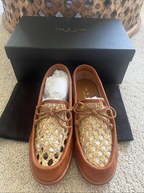 rag & bone NIB Carter Boat Shoe Tan Leather & Natural Woven Loafers